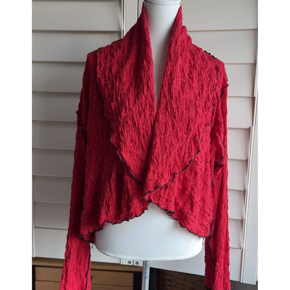 NoBlu Women XL Open Cardigan Crinkle Red Sweater Shirt Black Trim Art to Wear